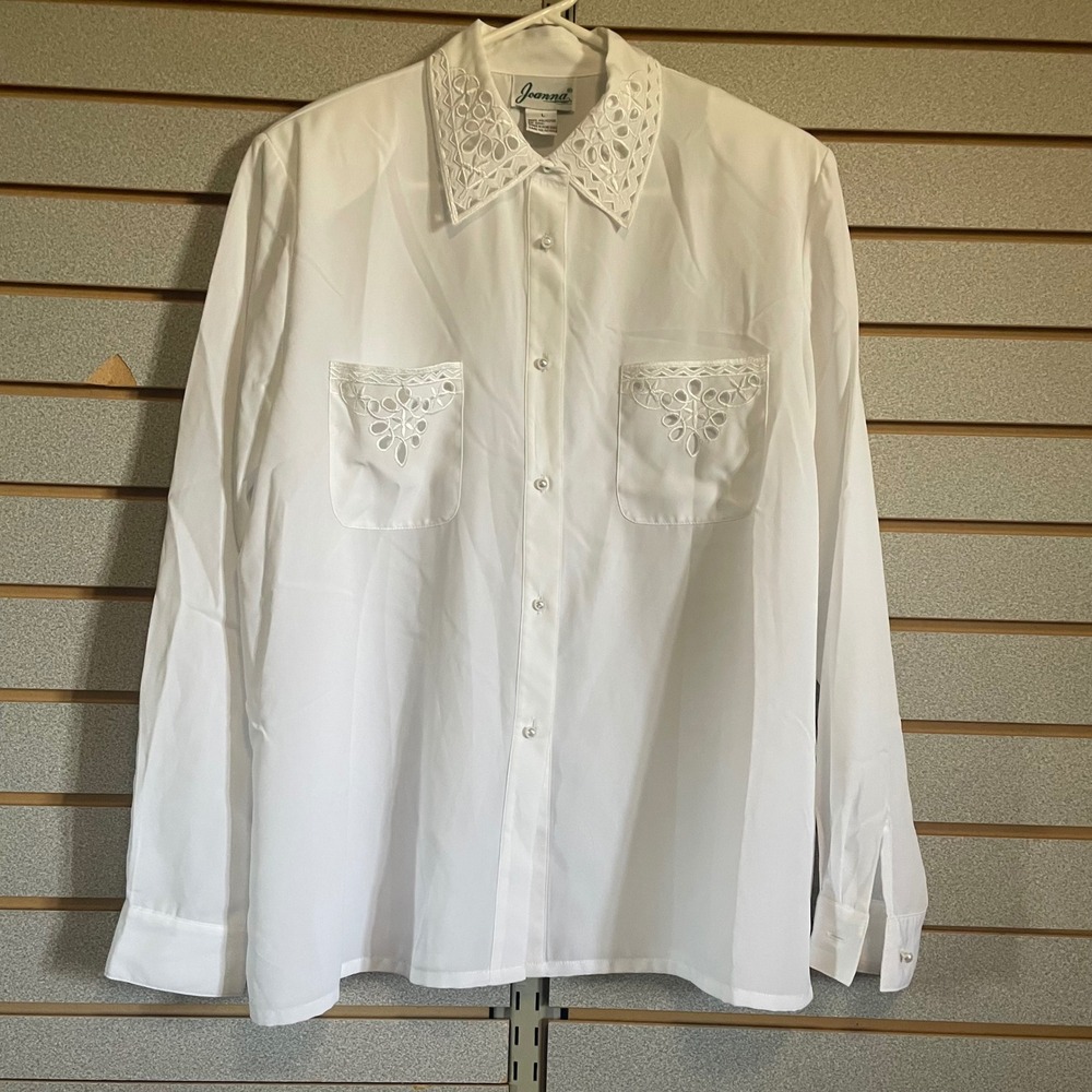 Vintage Joanna White Blouse Long Sleeve Button Down Embroidered Collar Pockets L